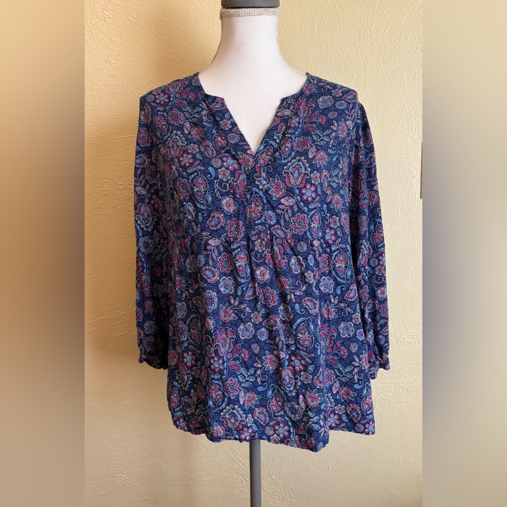 J Jill Floral Print Blue and Pink Blouse size Large